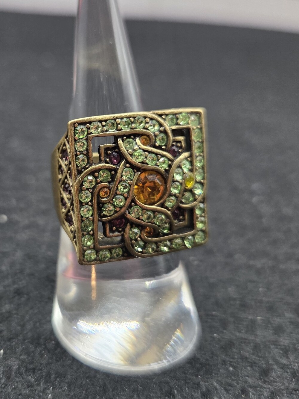 1404. La Vintage Square Statement Ring with Green and Amber Crystals